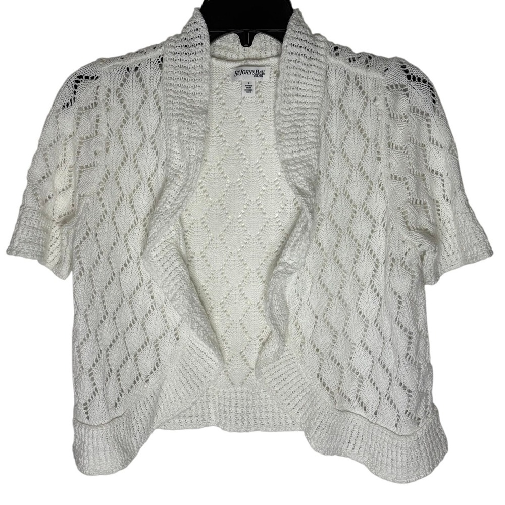 St Johns Bay White Knit Open Front Short Sleeve Cardigan Womens Size‎ L